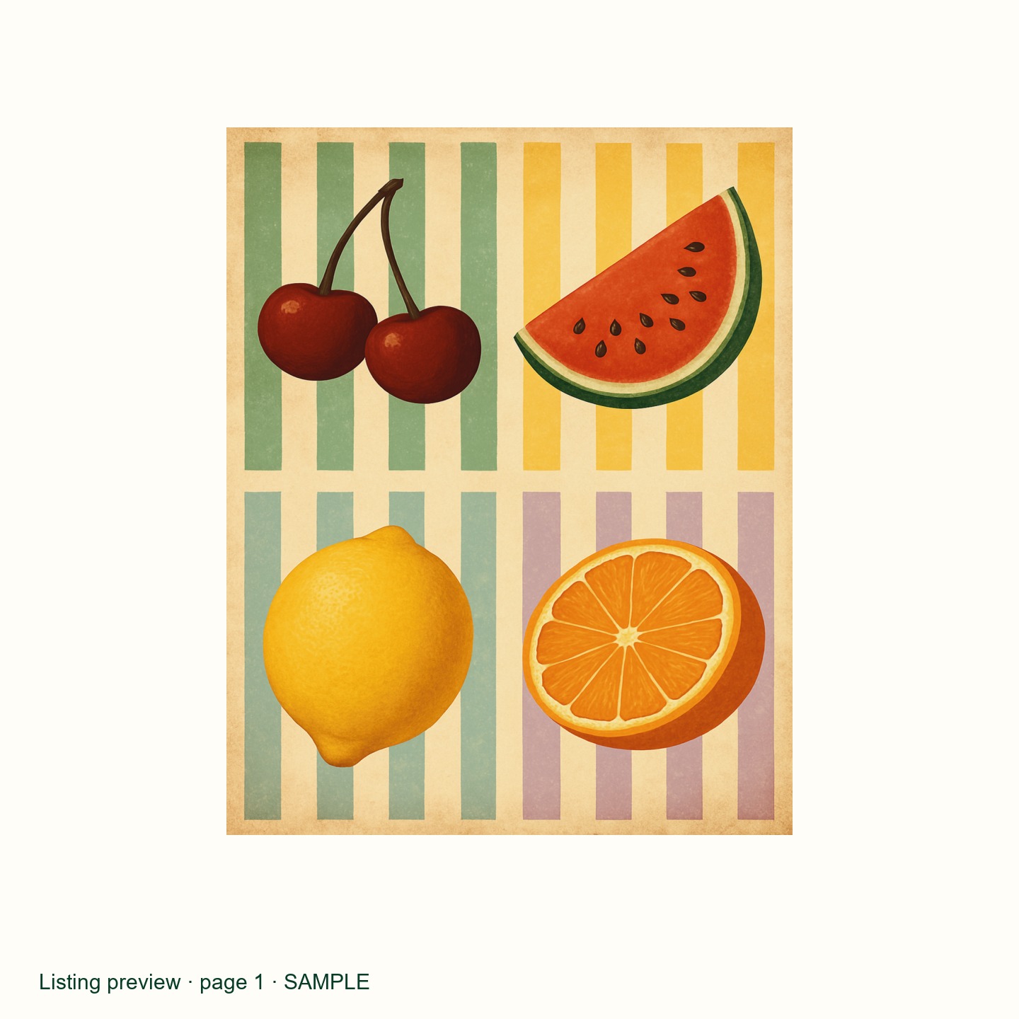 Retro Fruit Kitchen Print: Orange, Cherry, Lemon (Digital Download) listing preview