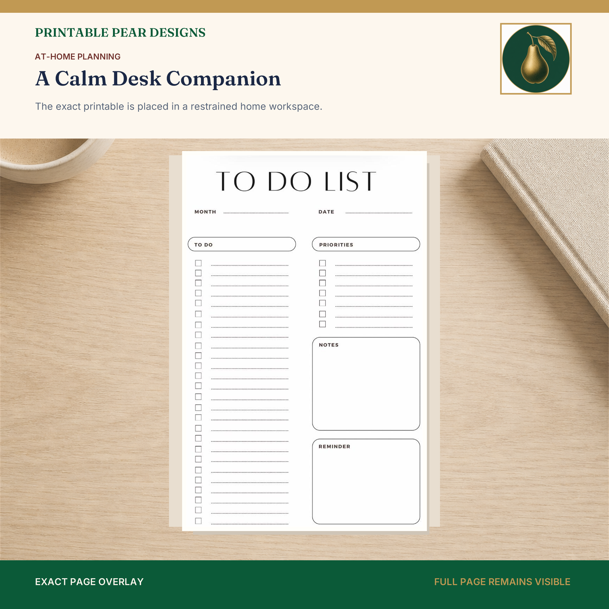 Current Printable Pear daily planner shown in a practical desk setting.