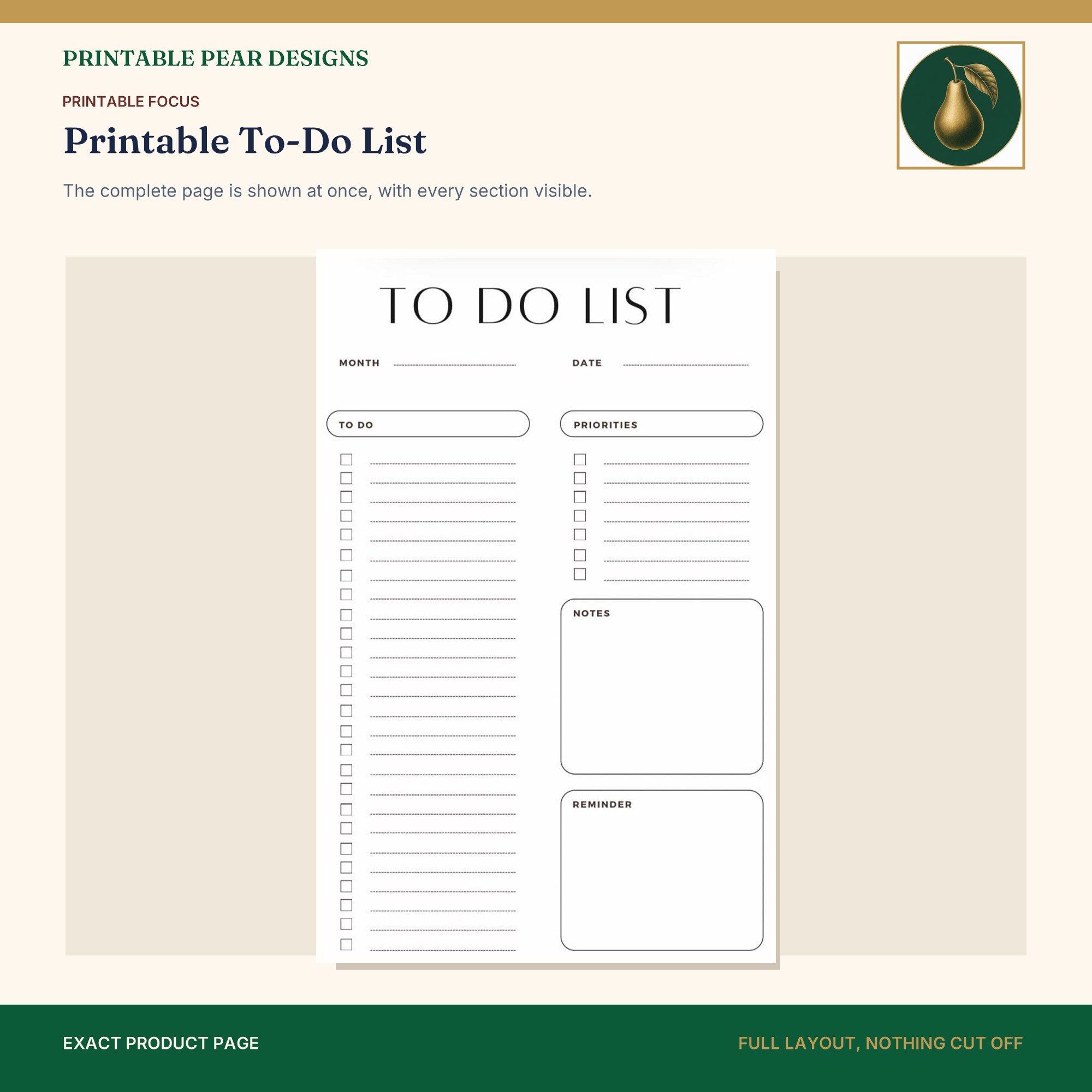 Current Printable Pear Designs daily planner with the engraved pear mark and full printable page.