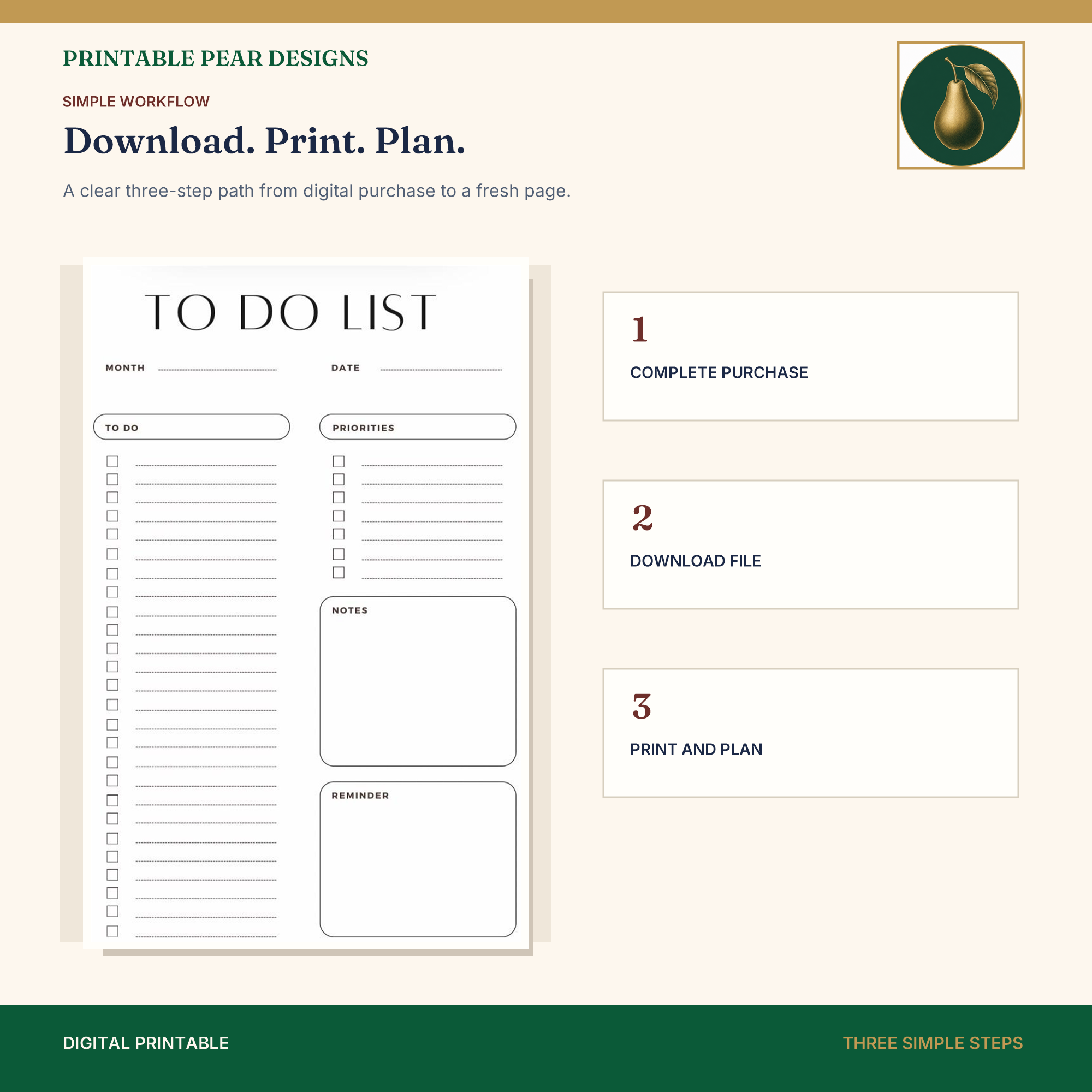 The black and white Printable Pear planner shown as an ink-friendly page to print at home.