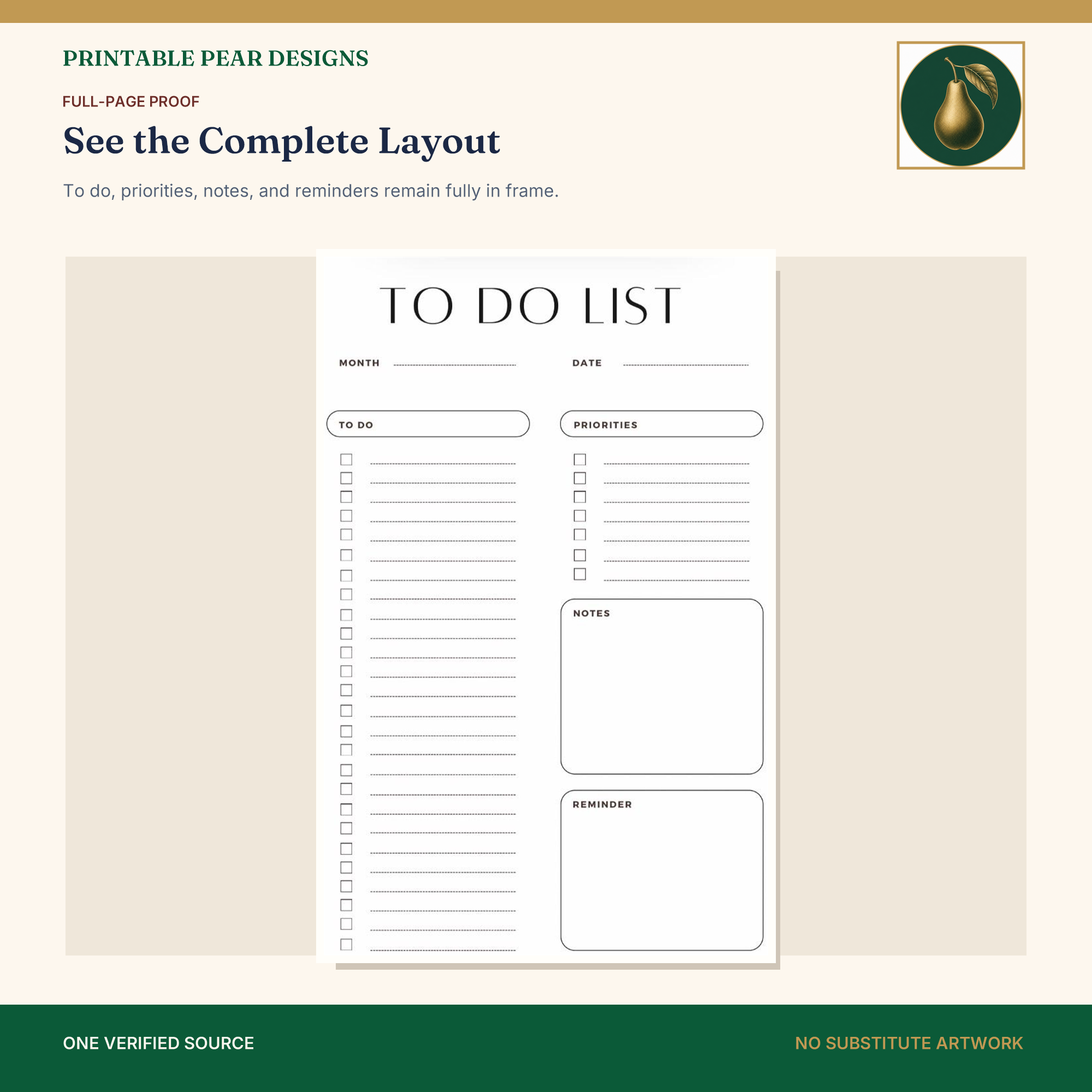 Close product proof of the printable daily planner showing its to do list, priorities, notes, and reminder sections.