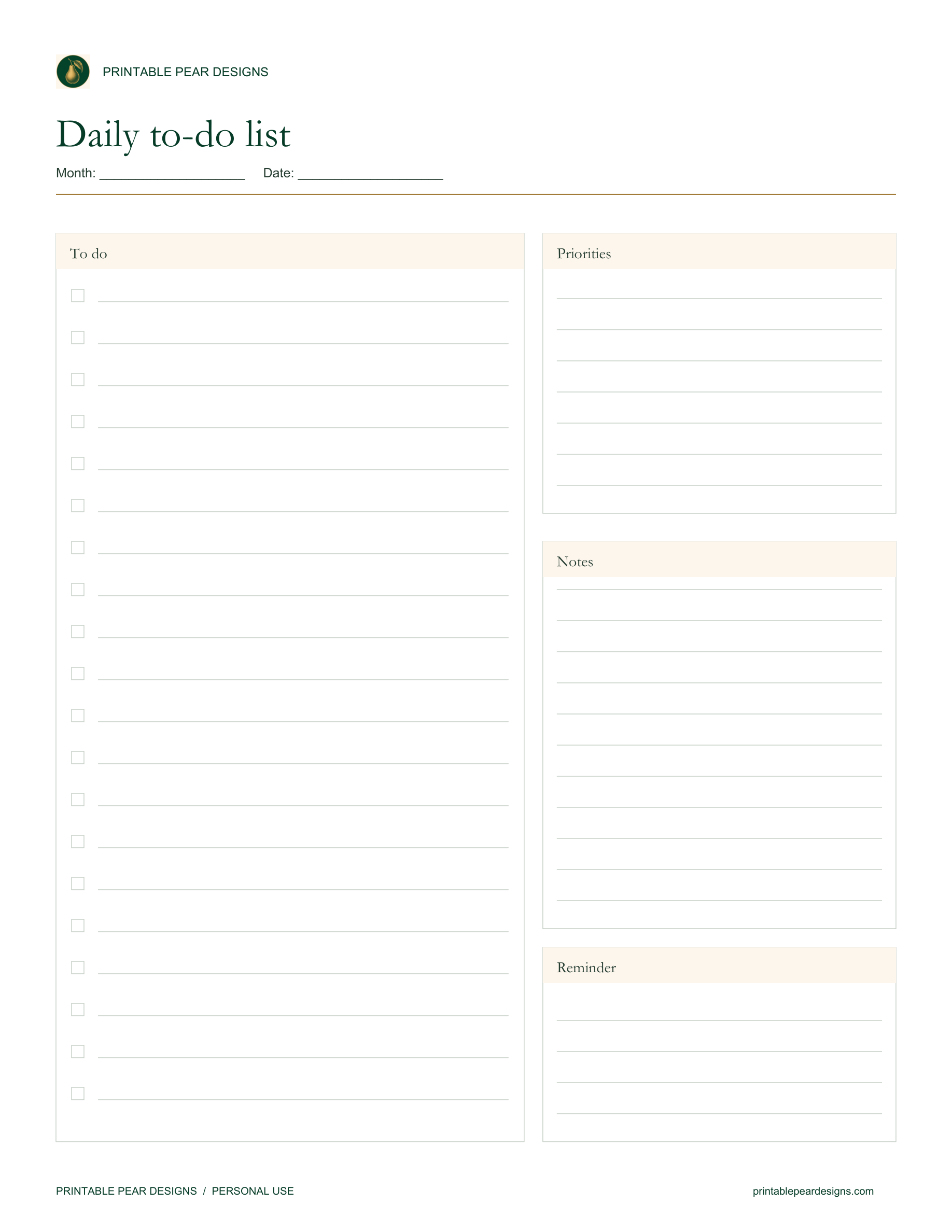 Full US Letter Daily To-Do List page for printing at home.