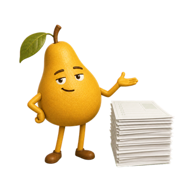 Printable Pear mascot guarding his secret freebie stash