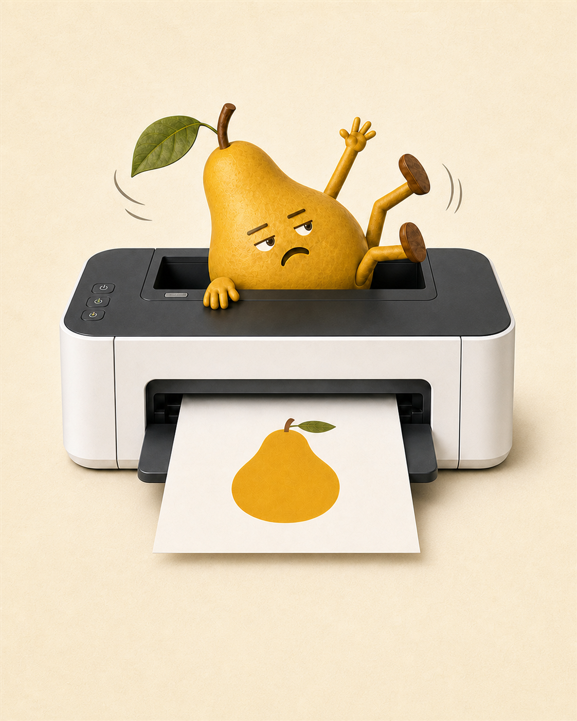 Printable Pear mascot fighting his way out of a fully visible printer