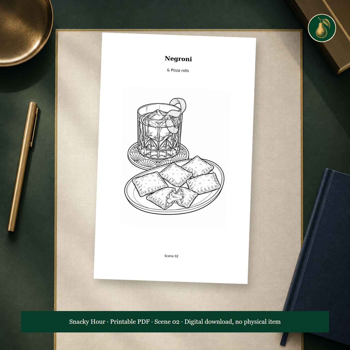 Negroni and pizza rolls coloring scene